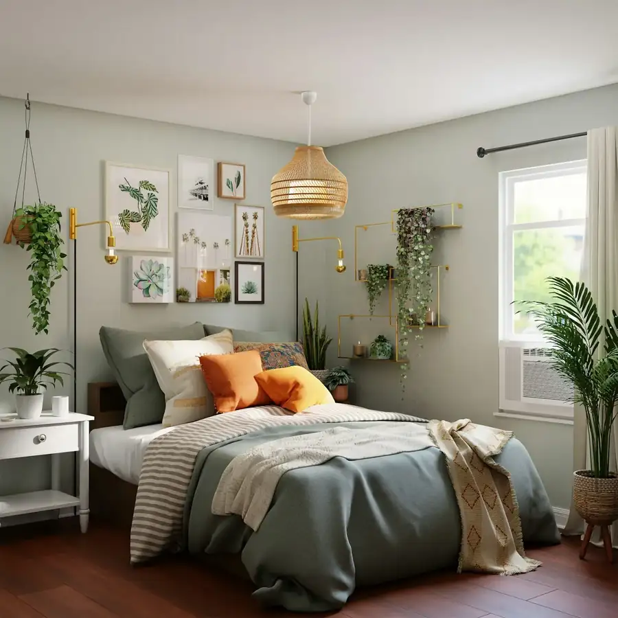 Bedroom furniture ideas with bed, nightstands, and calm lighting