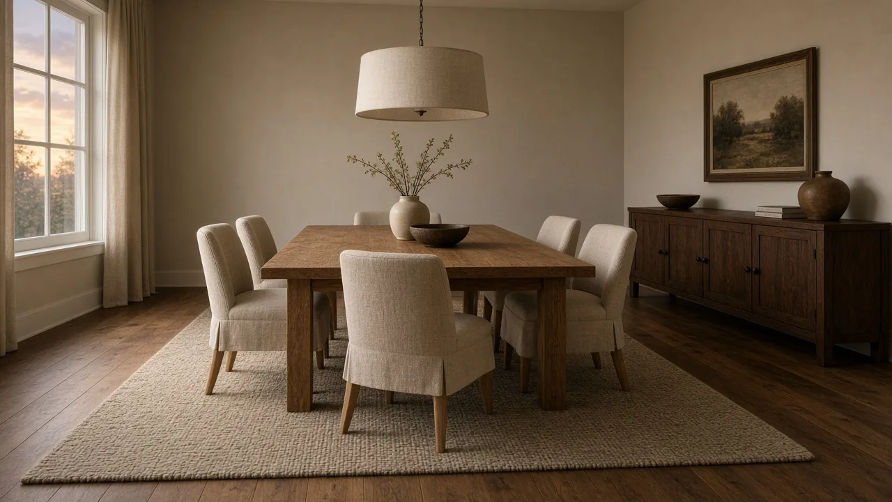 Oak dining table with chairs on a wool rug, a pendant over the table, and a sideboard on the far wall