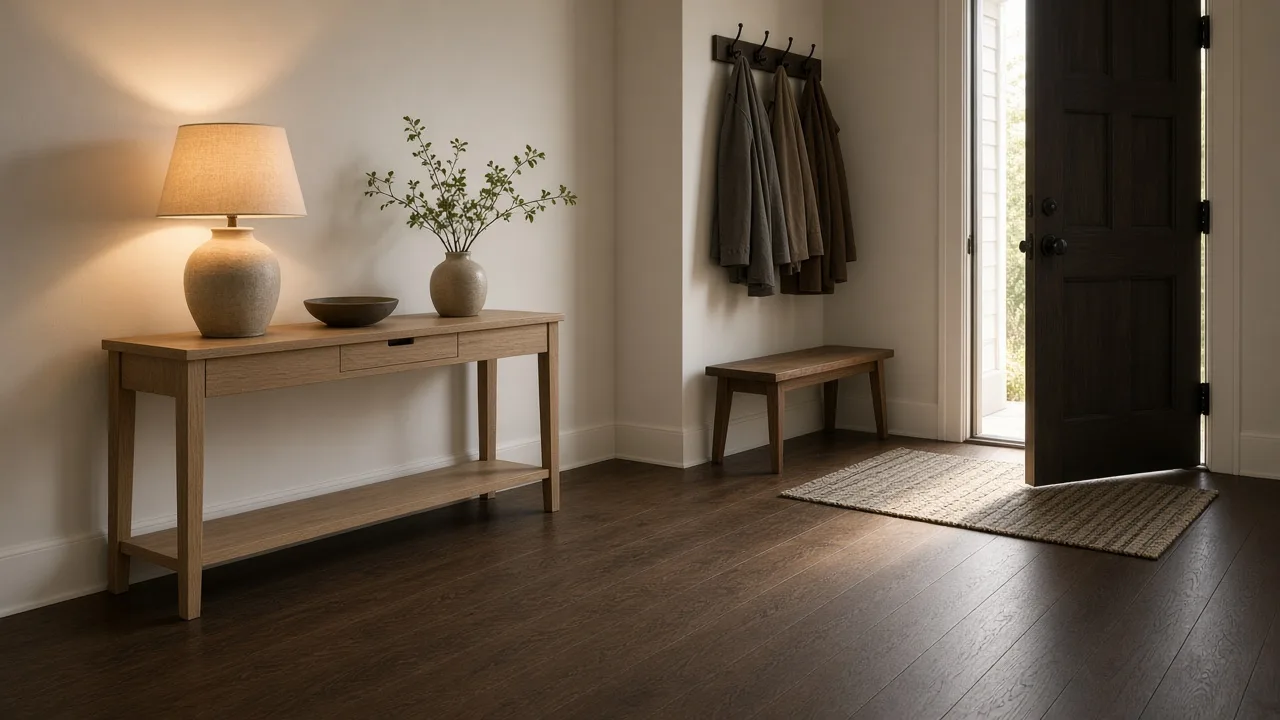 Shallow oak console and a bench set off an open door on a dark oak floor